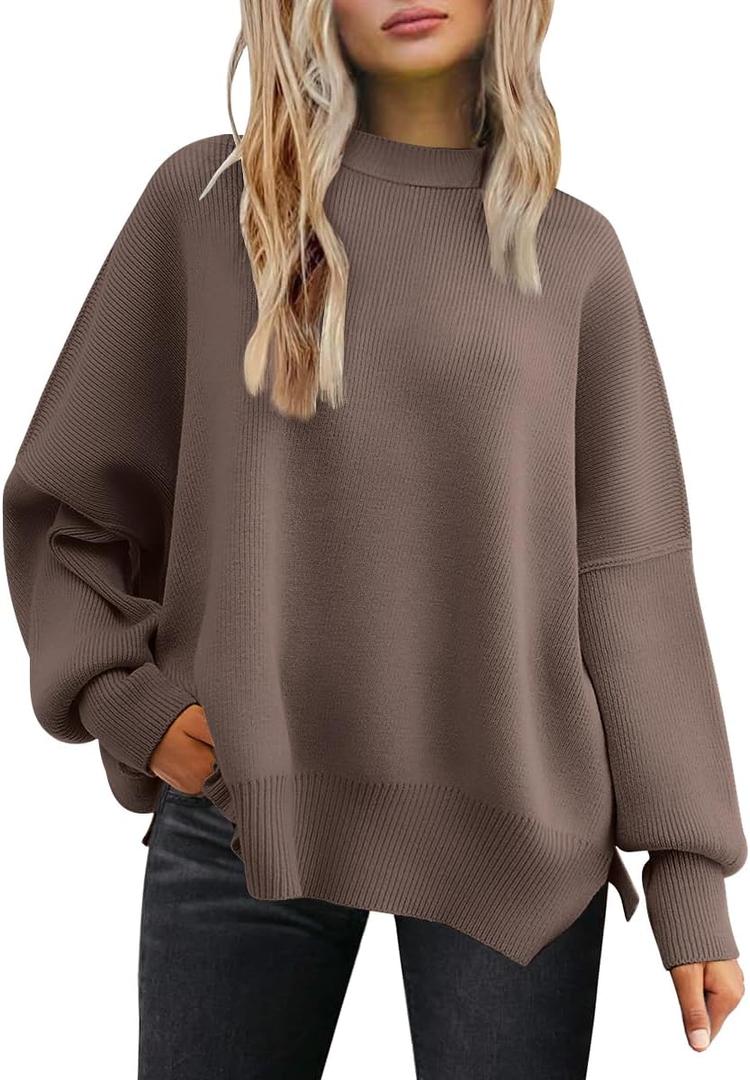 LILLUSORY Women's Oversized Batwing Sweaters 2025 Fall Outfits Trendy Crewneck Knit Side Slit Fashion Pullover Tops (Large, Nutmeg)