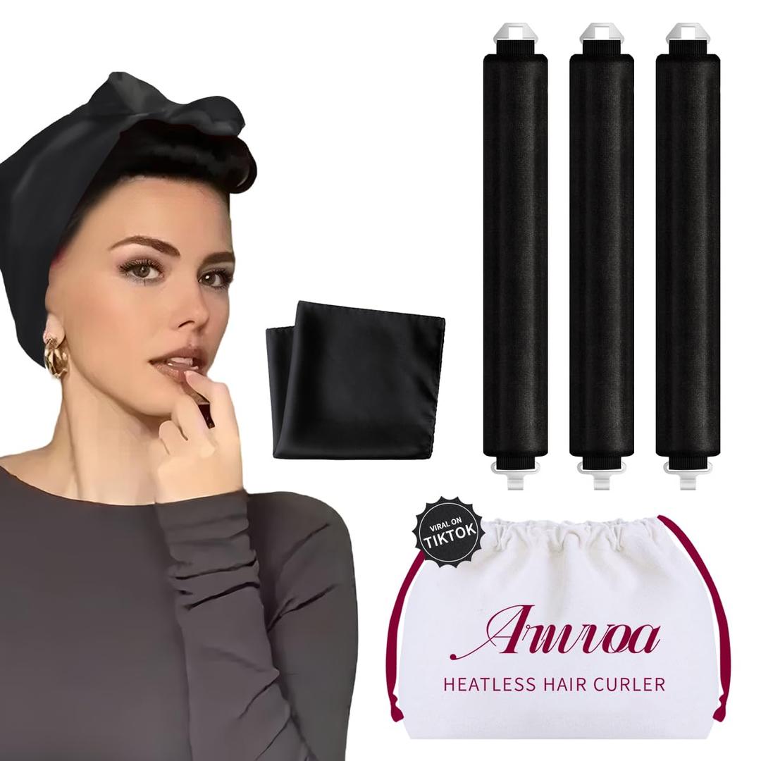 Heatless Hair Curler Heatless Curls Overnight Heatless Blowout with Luxury Cloth Bag satin Scarf, Curling Rod Headband to Sleep in No Heat Curling with (Black, 3Rods)
