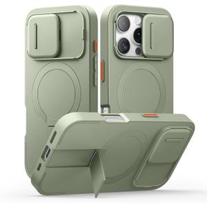 SURITCH for iPhone 16 Pro Case with Slide Camera Cover and Adjustable Kickstand, Compatible with MagSafe, Shockproof Bumper Case Slim Protective Cover for iPhone 16 Pro 6.3 Inch,Green