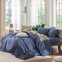 MooMee Bedding Duvet Cover Set 100% Washed Cotton Linen Like Textured Breathable Durable Soft Comfy (Heathered Blue, Full 80"x90")