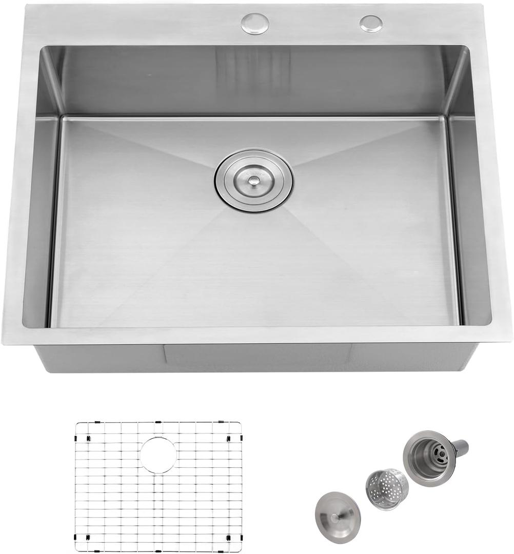23" x 18" Drop In Kitchen Sink - Jshozzy Stainless Steel Kitchen Sink Single Bowl 16 Gauge Drop In Sinks Deep Basin with Drain Strainer, 23"x18"x10"