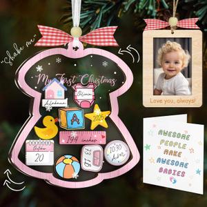 3 x Baby's First Christmas Ornament 2025 Girl, DIY Wooden Onesie Shaker with Pen, Picture Frame Car Visor Clip, Baby Shower Card, Newborn Gift for New Parents, Baby Girl Keepsake, 1st Xmas Decor HH804