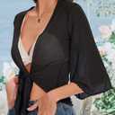Women's Short Cardigan Bolero Shrug Sheer Tie Front Top 3/4 Sleeve Jacket for Dress 2026 (Black, S)