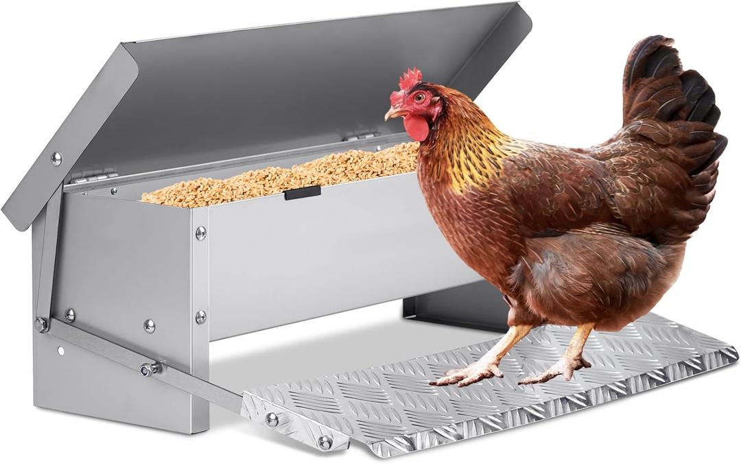 Automatic Chicken Feeder Treadle Large Poultry Feeders No Waste Stainless Steel Rat Proof Chicken Feeder Trough with Weatherproof Lid Treadle Chicken Feeder Self-Opening for Duck Fowl