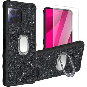 Generic for T-Mobile Revvl 7 Pro 5G Case [with Tempered Glass Screen Protector][Mirror Ring][Glitter powder] Compatible with T-Mobile Revvl 7 Pro 5G leather Phone Case Cover SF-H, CSK-Black