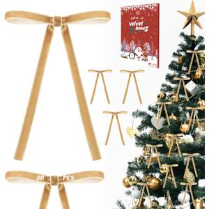 30Pcs Velvet Bows for Christmas Tree - Khaki Small Christmas Tree Bows, Vintage Ribbon Bows for Garland, Wreath, Fireplace, Door, Gift Wrapping, Holiday Bows Ornaments for Xmas (5  7 Inch)