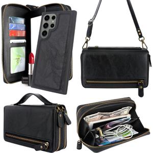 Harryshell Compatible with Samsung Galaxy S23 Ultra 5G (2023) Case Wallet Multi Zipper Detachable Magnetic Cover Purse Bag with Card Slots Holder Mirror Crossbody Wrist Strap (Black)