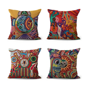 ArtSocket Set of 4 Linen Throw Pillow Covers Mexican Huichol Decorative Pillow Cases Home Decor Square 17.5x17 inches Pillowcases