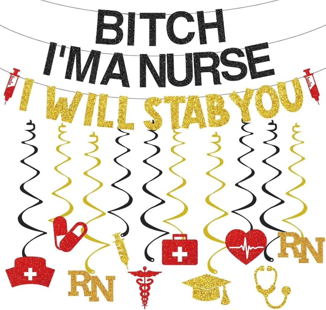 Funny Nurse Nursing Graduation Party Decorations, Glitter Black Gold Banner with Hanging Swirls, Congrats Nurse RN BSN Grad Birthday Party Decor Supplies