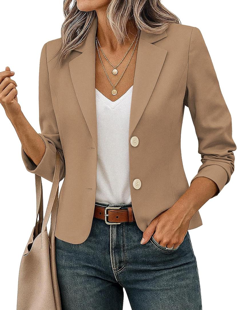 FOLUNSI Women's Business Casual Cropped Blazer Lapel Collar Long Sleeve Work Office Suit Jacket with Fully Lined Dark Khaki, Small