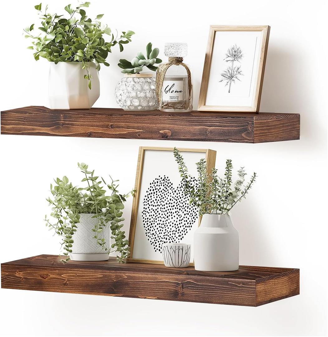24x6.8x2 Inch Rustic Floating Shelves for Wall Set of 2 - Brown Solid Wood Wall Mounted Shelves with Invisible Bracket, Extended Design for Farmhouse Living Room Bedroom Kitchen Decor