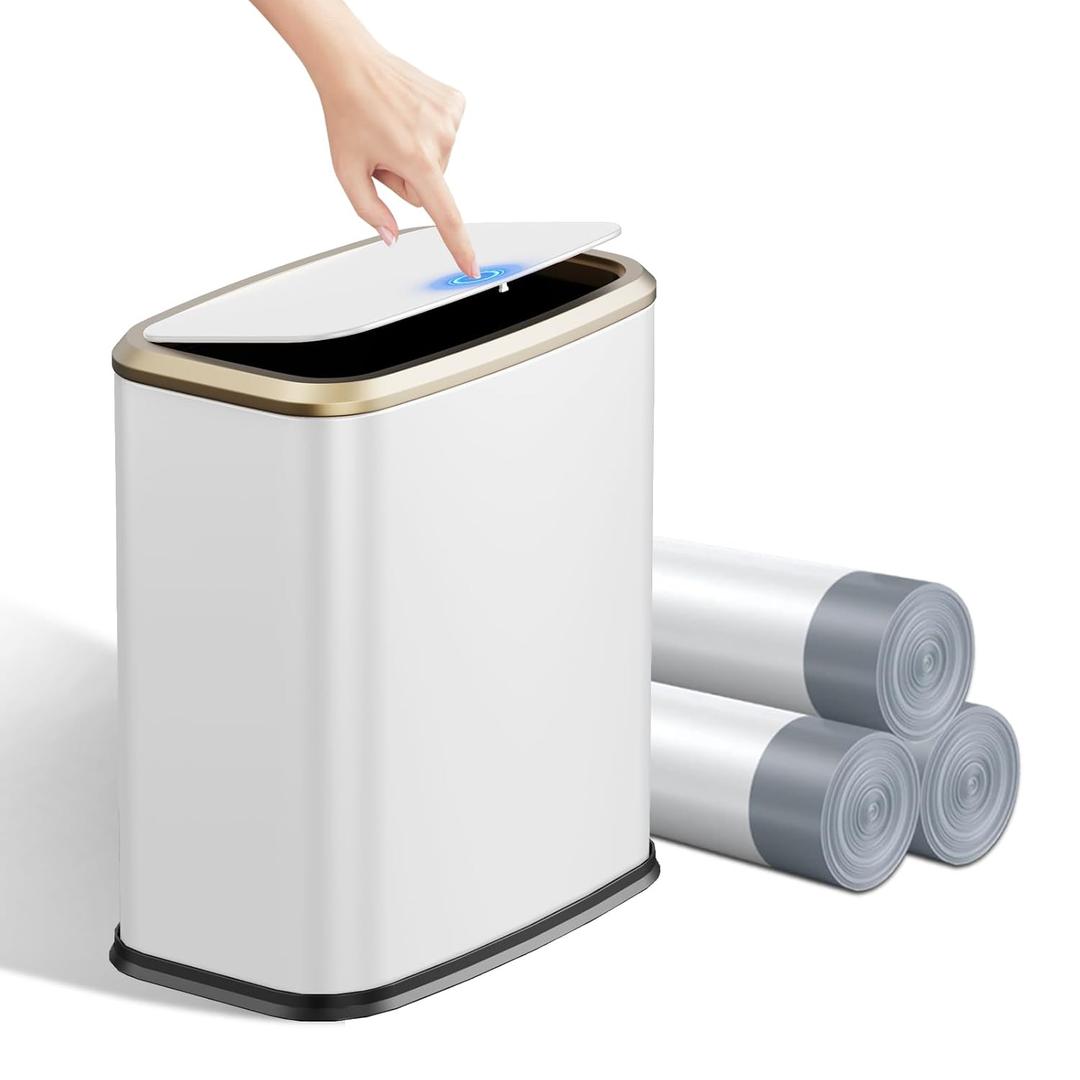2.1 Gallon Bathroom Trash Can with Lid Press Top, 8 Liter Stainless Steel Garbage Can with Press Type Lid, Slim Trash Bin Waste Basket for Toilet, Office, Bedroom, Living Room (White)