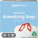 Amazon Basics 13 Gallon Tall Kitchen Drawstring Trash Bags, Clean Fresh Scent, 10% Post Consumer Recycled, 0.9 mil Thick, 200 Count