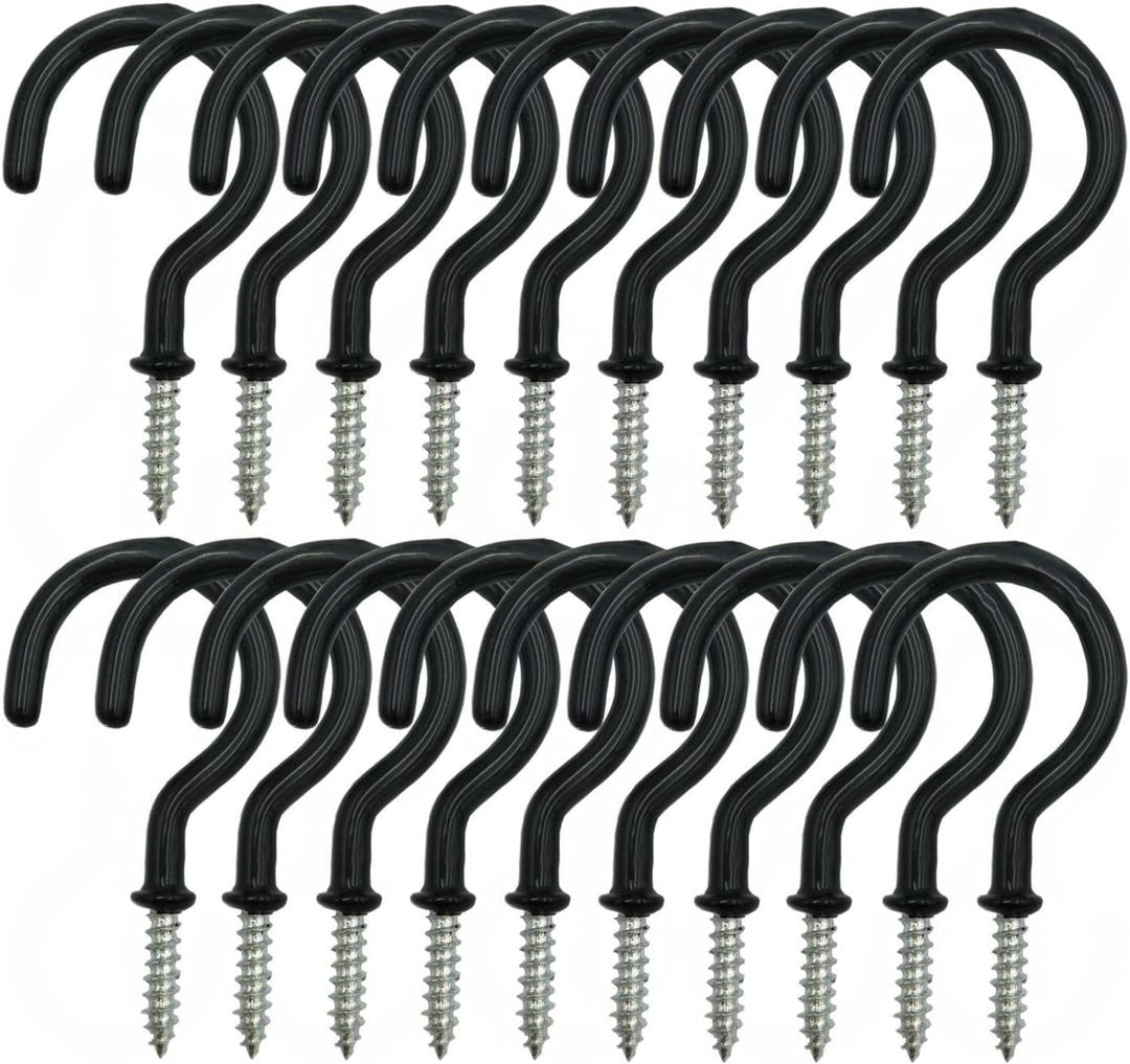 24 Pack Ceiling Hooks for Hanging Plants - 2.2 inches Heavy Duty, Hanging Hooks for Christmas Lights, Cups, Decors - Black Vinyl Coated Screw in Plant Hanger Hook Indoor and Outdoor