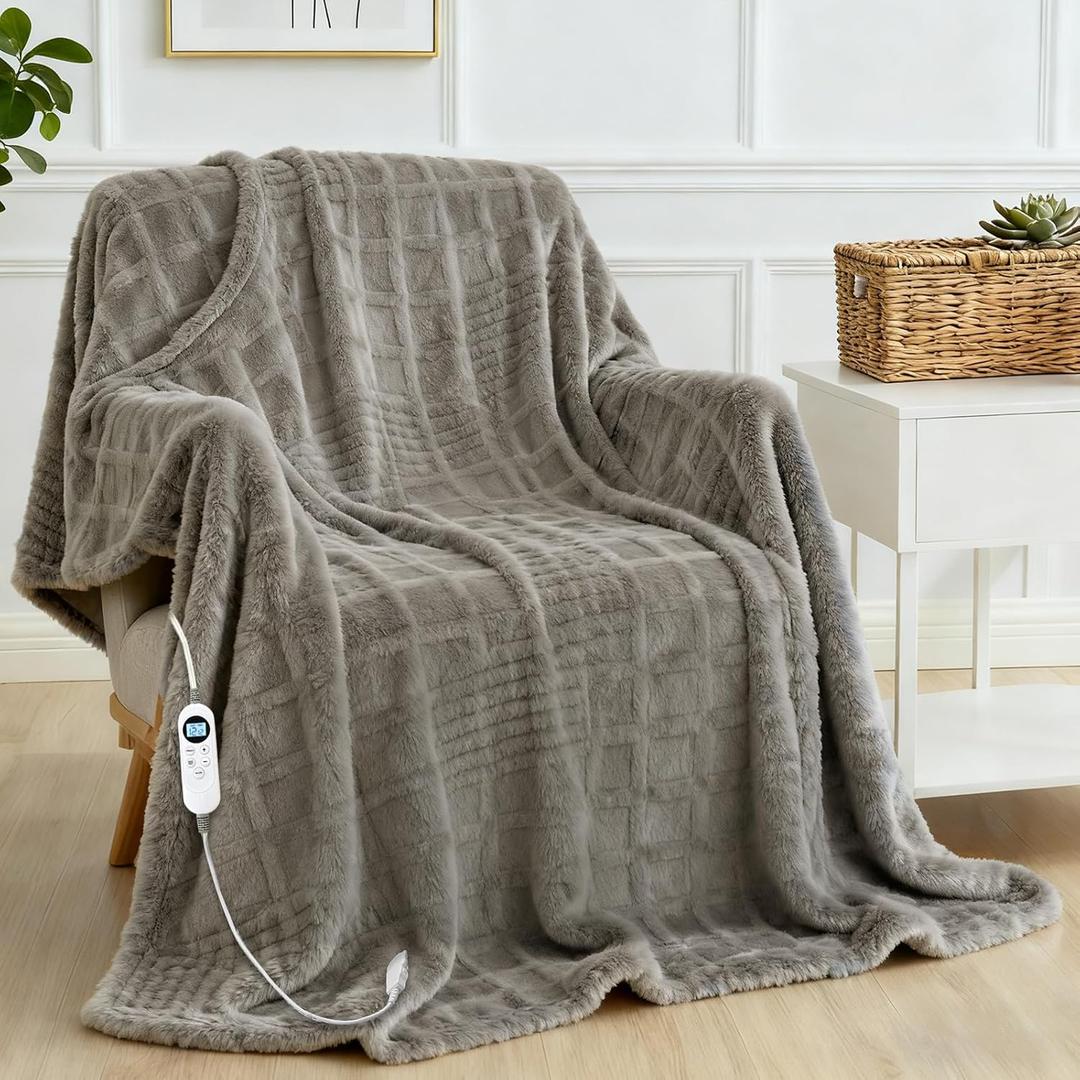 Heated Blanket Electric King Size, Waffle Heating Blanket with 12 Heat Levels, Fast Heating Blanket with 1-12 Timer Settings, Overheat Protection with ETL & FCC for Home Office -Light Gray- 90"X100"
