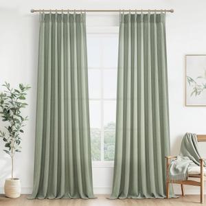 Sage Green Light Filtering Viral Sheer Curtains 90 Inches Long for Bedroom 2 Panels Set, Modern Pinch Pleated Flax Linen Window Drapes with Hooks Rings Ceiling Track 40 x 90 Inch Dining Room Curtain