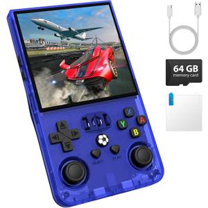 R36MAX Handheld Game Console, Retro Gaming Console with 4000mAh Battery 4.0IPS Screen, Open Source Linux System, with 64GB TF Card Portable Video Gaming Console, Transparent Blue
