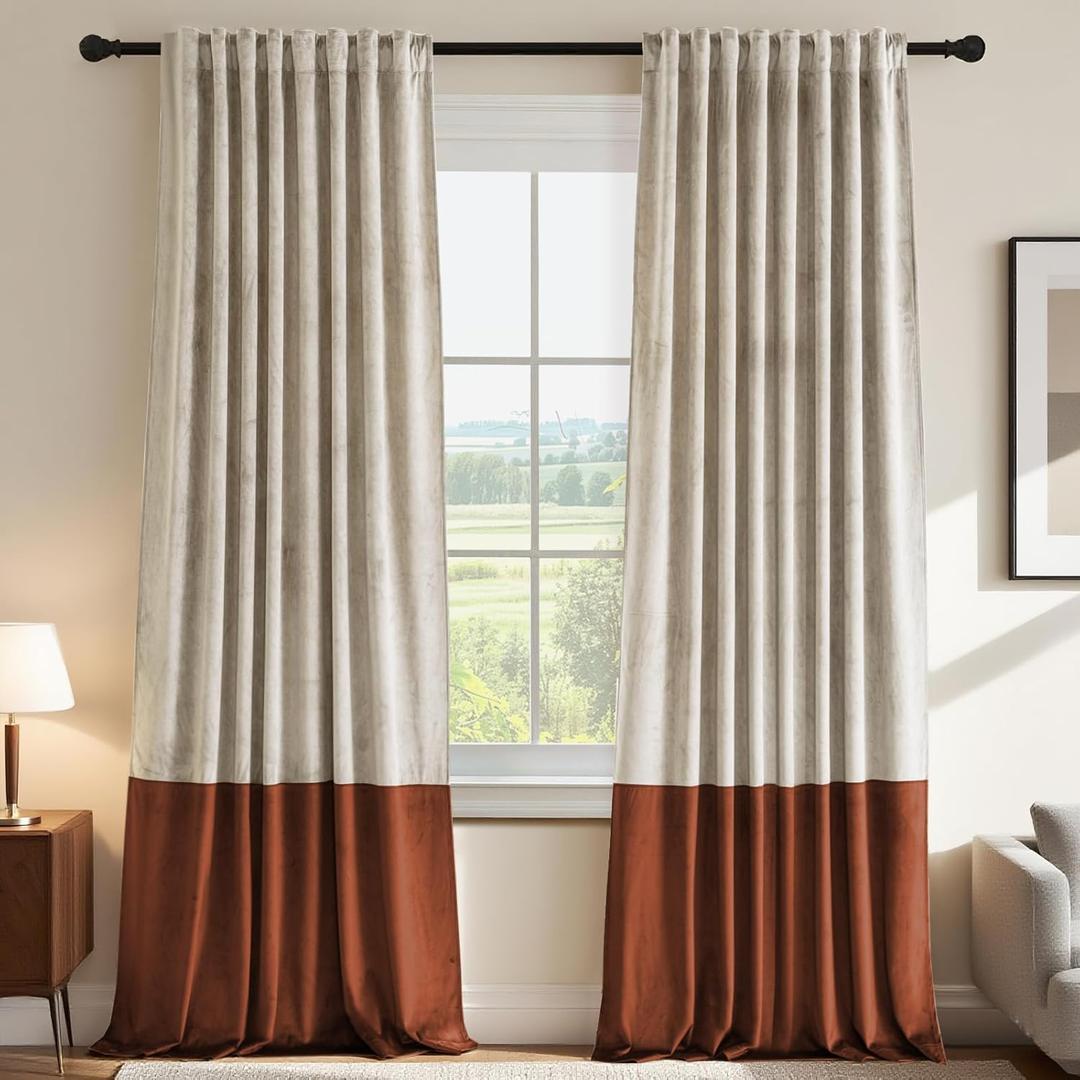 H.VERSAILTEX Velvet Patchwork Curtains Thermal Insulated Soundproof Room Darkening Drapes Rod Pocket Window Treatment Panels for Living Room Bedroom,2 Panels,Oatmeal/Rust,52" W x 96" L