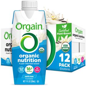Orgain Organic Nutritional Vegan Protein Shake, Vanilla Bean - 16g Plant Based Protein, Meal Replacement, 21 Vitamins & Minerals, Fruits & Vegetables, Gluten Free, Non-GMO, 11 Fl Oz (Pack of 12) (EXP 08/30/26)