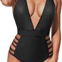 Aqua Eve Women Sexy One Piece Swimsuits Halter Plunge V Neck Cutout Bathing Suits (Medium, Black)
