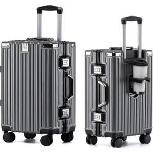 HotWay 26 Inch Aluminum Frame Luggage with Spinner Wheels, PC Hard Shell Suitcase with Cup Holder, Zipperless Luggage for Business Travel, Gray
