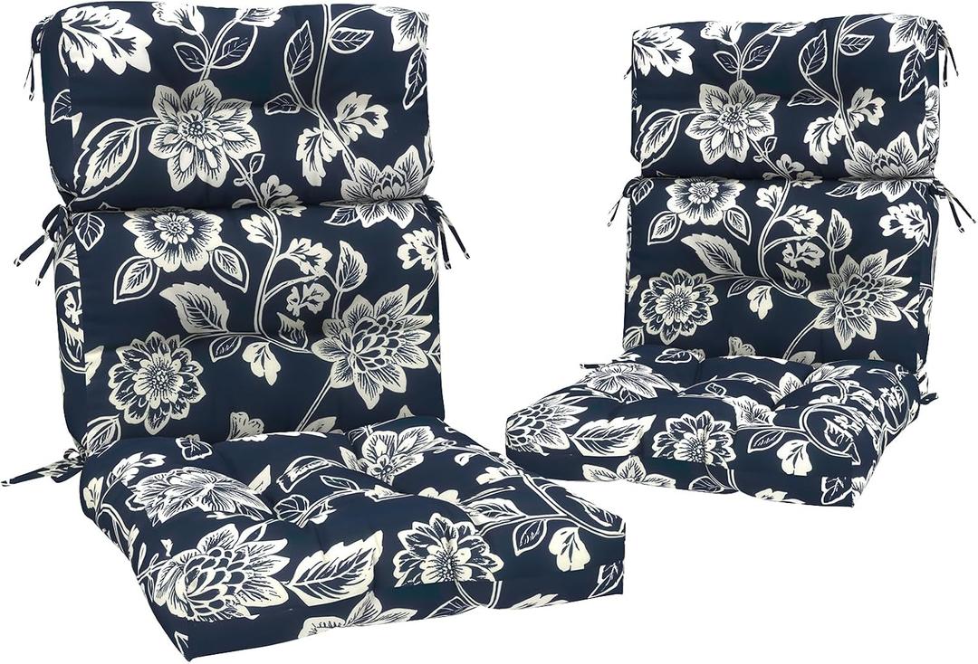 Outdoor High Back Chair Cushions Set of 2, Water-Resistant Chair Cushions for Patio Home Garden, Replacement Rocking Chair Cushion with tie 22" W x 20" D, Elegant Vines Navy, 44"x22"x4"