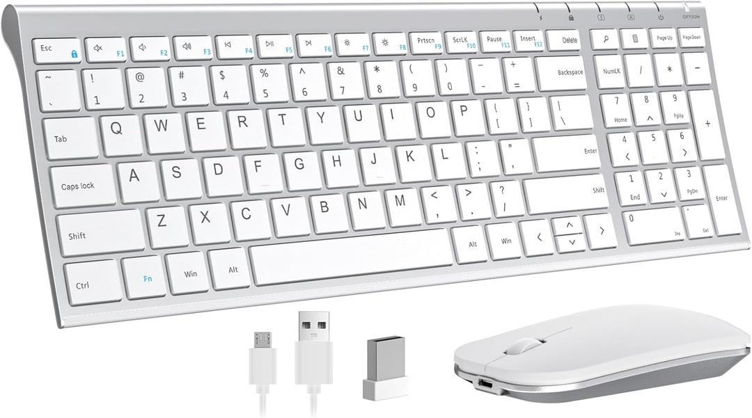 seenda Rechargeable Wireless Keyboard Mouse, Ultra Thin Low Profile Wireless Keyboard and Mouse with Number Pad, Quiet Portable Combo Compatible for Windows XP/7/8/10/11/11 Pro, Silver White