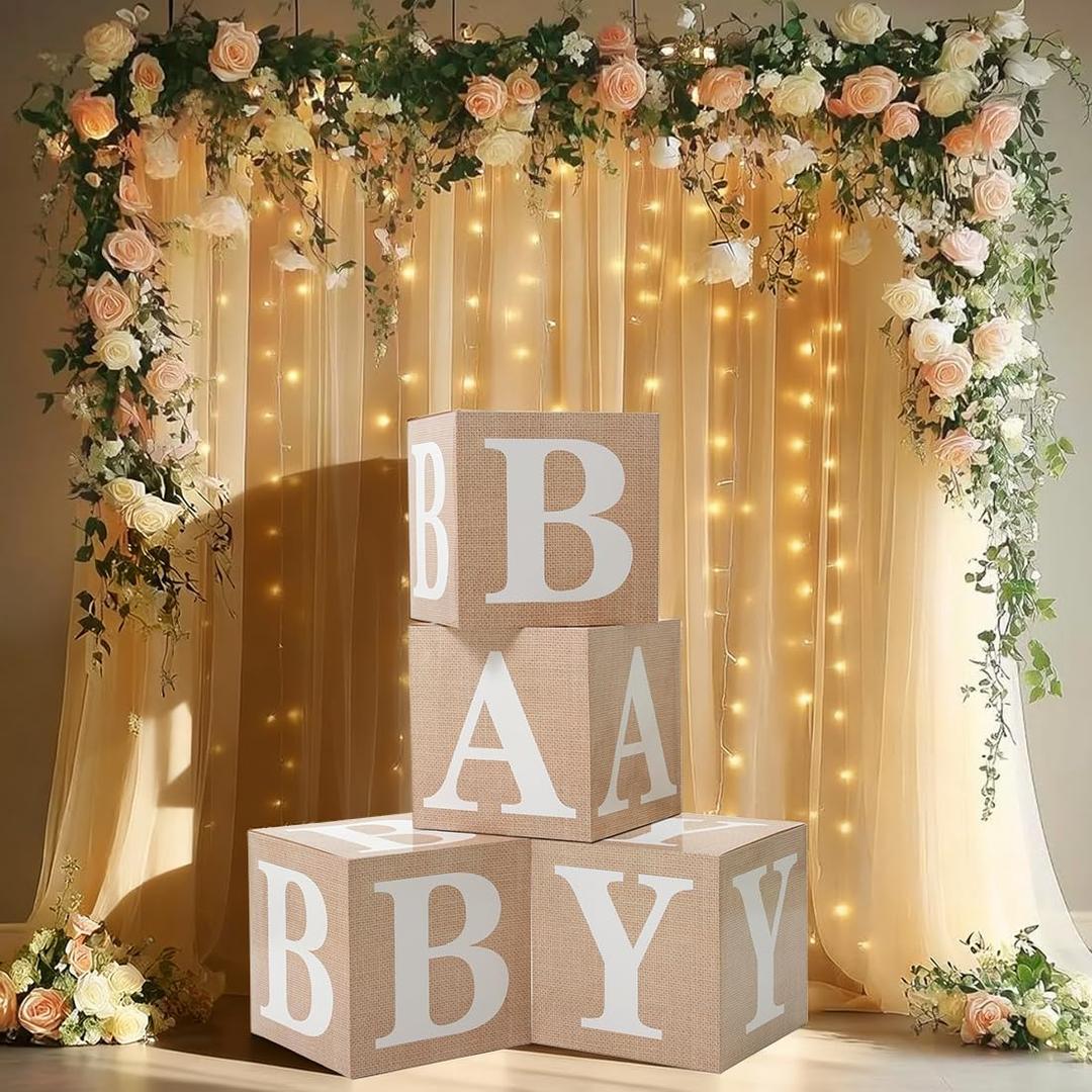 4pcs Baby Boxes with Letters with Burlap Grain,with Printed Letters for Baby Shower,Gender Reveal Party