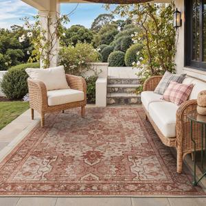 GENIMO Outdoor & Indoor Area Rug 6'x9', Waterproof, Non-Shedding, Easy Cleaning, Boho Mat for Patio, Living Room, Balcony, Dining Room, RV, Deck, Bedroom, Camping, Outside Carpet,Brown Red
