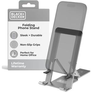 BLACK+DECKER Phone Stand for Desk - Folding Cell Phone Stand Holder - Adjustable and Portable, Folds Down Flat - for Office, Gaming, Bed, Travel - Phone Kickstand Compatible with iPhone (Silver)