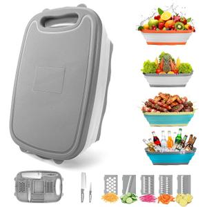 Gintan Camping Cutting Board, 9-in-1 Collapsible Chopping Board with Colander, Kitchen Vegetable Washing Basket for Camping, Camping Gifts Camping Accessories for RV Campers (Gray)