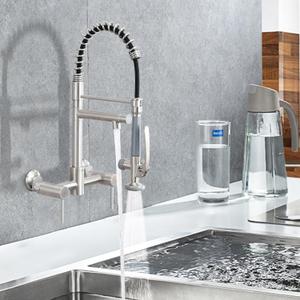 Wall Mount Kitchen Faucet with Pull Down Sprayer, 8 Inch Center Kitchen Sink Faucet, Heavy-Duty Commercial Wall Mount Faucets, 2 Handle Faucet for Kitchen Sink, Brushed Nickel