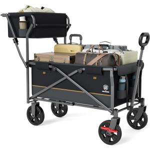 EVER ADVANCED Collapsible Push & Pull Shopping Cart with Wheels & Brakes, Foldable Wagon for Groceries with Practical Basket, Side Pockets & Cup Holders, Beach Utility Rolling Cart for Camping, Black