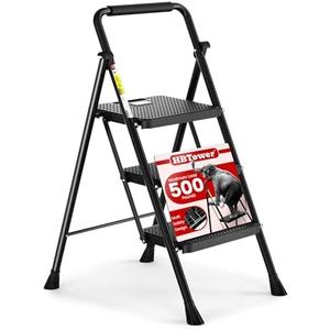 HBTower Step Ladder, Folding Step Stool with Wide Anti-Slip Pedal, Sturdy Steel Ladder, Convenient Handrail, Lightweight, Portable Steel Step Stool, 20.1"W x 40.9"H, Black 