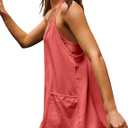 Lentta Womens Athletic Sleeveless Mini Dress with Built-in Shorts V Neck Spaghetti Strap Sundress (Red, S)