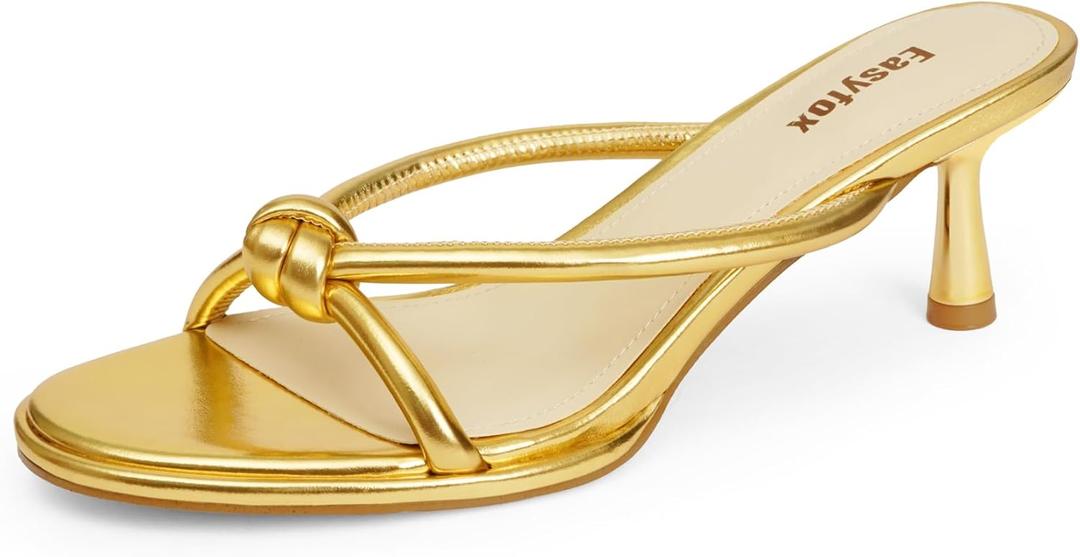 Easyfox Womens Heeled Sandals Rounded Open Toe Mid Heels Slip on Bow Mules Sandals Comfort Dress Party Shoes (Gold)