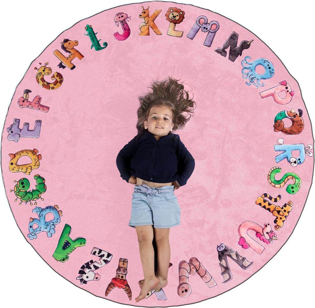 ABC Alphabet Rug for Kids – 6 ft Round Pink Play Mat, Soft Nursery Decor for Learning Letters, Classroom & Nursery Area Mat