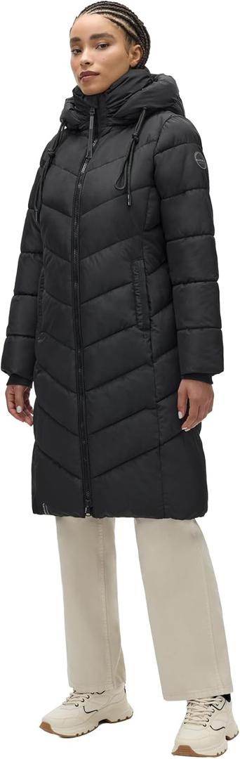 Marikoo Women's Long Winter Jacket with Hood - Weather-Resistant - Quilted, Puffy Coat - Sahnekatzii XS (Black)