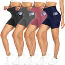 FULLSOFT 4 Pack Biker Shorts for Women with Pockets  5" High Waisted Tummy Control Workout Yoga Running Gym Tennis Shorts (Small-Medium, 01-4 Pack Black/Navy Blue/Grey/Pink)