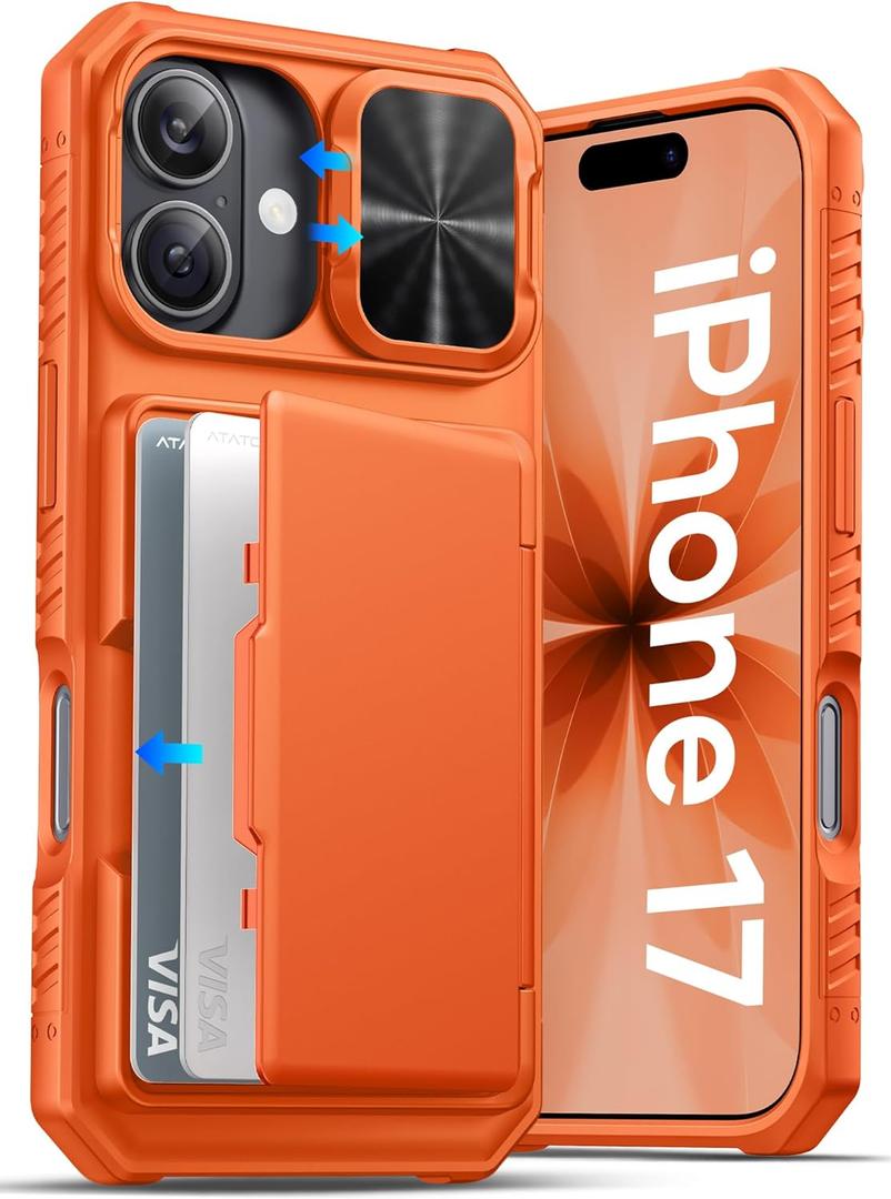 ATATOO for iPhone 17 Case with Card Holder (Store 3-5 Cards) & [RFID Blocking] & Slide Camera Cover, Military Grade Protection, Rugged Protective Wallet Case Cover for iPhone 17 6.3" 2025, Orange