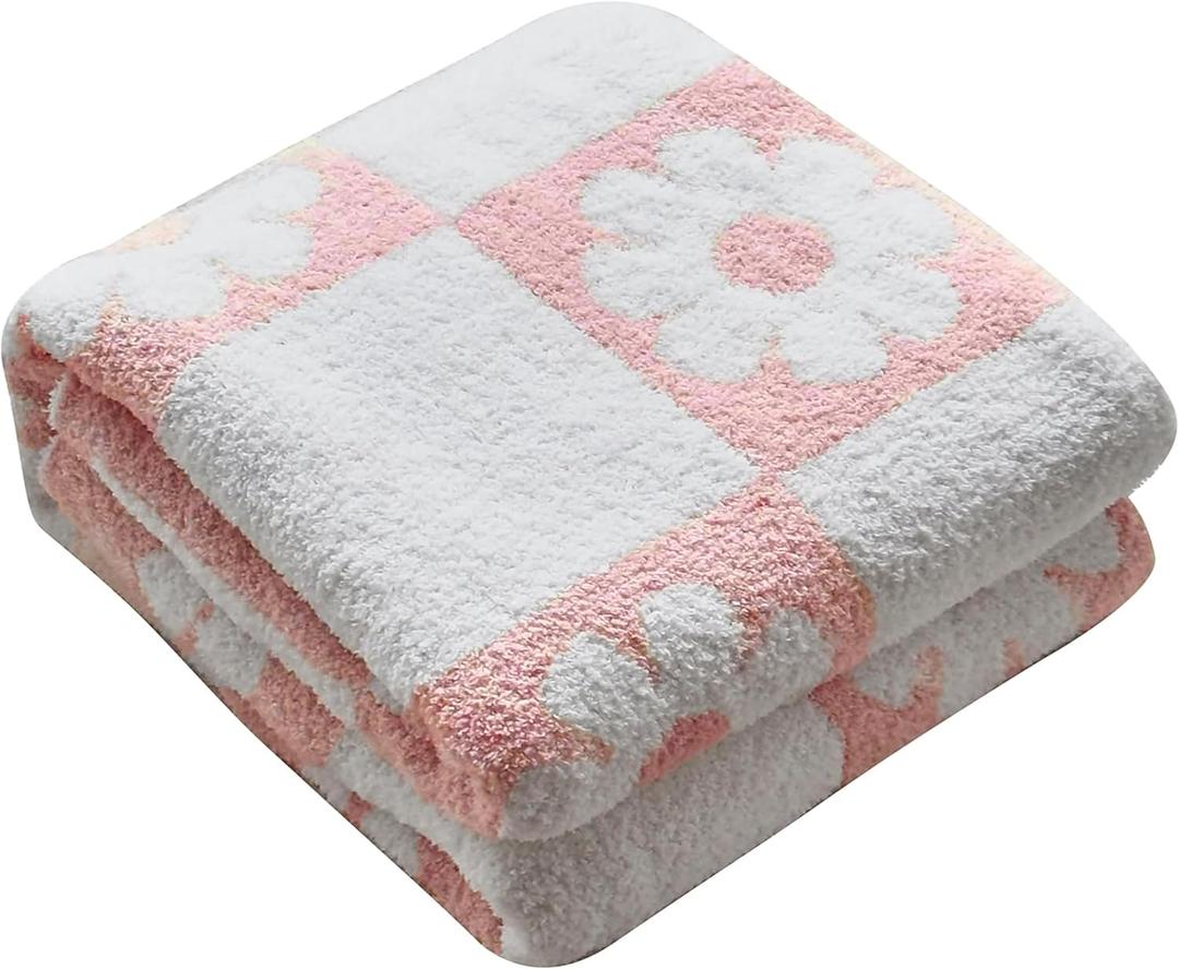 Ultra Soft Cozy Checkered Sunflower Knitted Throw Blanket Fluffy Microfiber Checkerboard Bed Blanket Lightweight Both Sides Throw Blanket for Couch Sofa Bed 50"X60" Pink