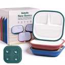 Babelio 8'' Toddler Porcelain Plates with Silicone Suction Sleeves, Lead & BPA Free, Divided, Microwave & Dishwasher Safe, Stay Put, Suitable for Kids, 3 Pack (1-Blue/Matcha Green/Red)