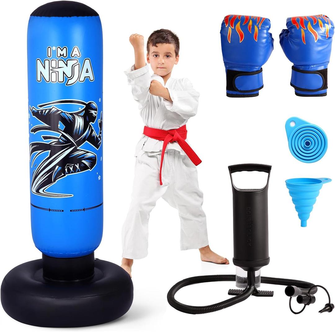 Onirii 66 Inch Kids Punching Bag Toy with Boxing Gloves | Larger Stable Updated Ninja Kids Inflatable Boxing Bag Set for Boys & Girls Age 5-12 for Taekwondo,MMA and Practicing Karate