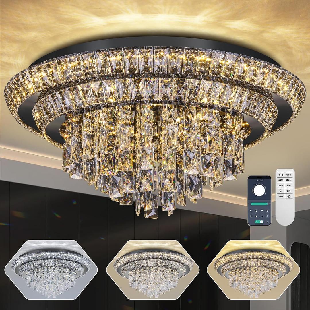 24" Flush Mount Crystal Chandeliers with Remote and APP,Black Ceiling Light