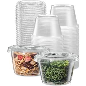 {4 oz - 100 Sets} Clear Diposable Plastic Portion Cups With Lids, Small Mini Containers For Portion Controll, Jello Shots, Meal Prep, Sauce Cups, Slime, Condiments, Medicine, Dressings, Crafts