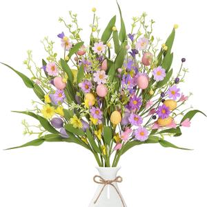 Sggvecsy Artificial Easter Stems 6 Pcs Spring Egg Picks with Colorful Daisies Berries Greenery Leaves Twig Branches for Easter Arrangement Centerpiece Easter Celebration Home Vase Decor