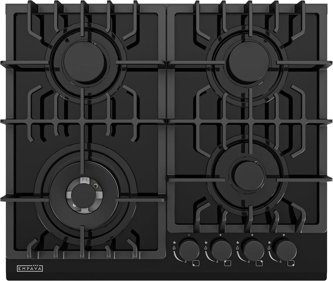 Empava 24 Inch Built-in Gas Cooktop with 4 Sealed SABAF Burners, Tempered Glass Surface, LPG/NG Convertible, Flame Out Protection, Dishwasher Safe Grates