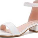 Dufannie Girls Sandals Low Heels Dress Pump Ankle Strap Open Toe Flower Girl Wedding Party for Toddler Little Big Kid, Size 6