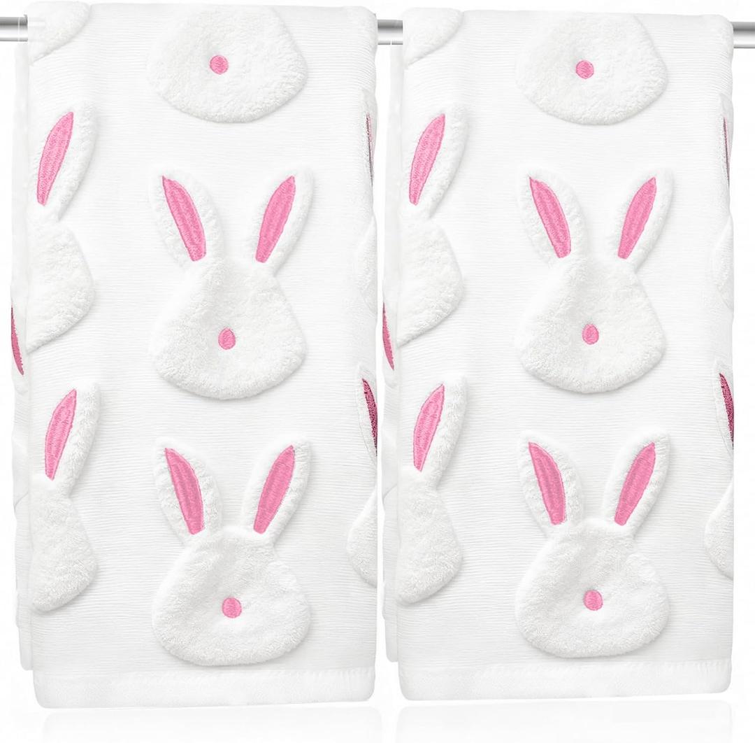 2pcs Easter Bunny Hand Towels Set 100% Cotton Soft Absorbent Spring Bathroom Hand Towels 14x29 Inch Cute Jacquard Easter Kitchen Decor Towels Holiday Kitchen Bathroom Decor Gift(White)