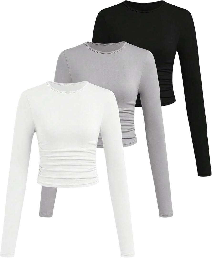 SOLY HUX Girl's Long Sleeve T Shirts 3 Packs Crewneck Fall Tees Ruched Fitted Tee Shirt Tops, Size 9 Years (Black Grey White)